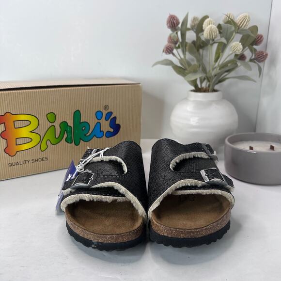 Birki's Zurich Slide Sandals Check Fur Gray 516233 Women 7/Men 5/EU38 NWB Narrow - Picture 4 of 10